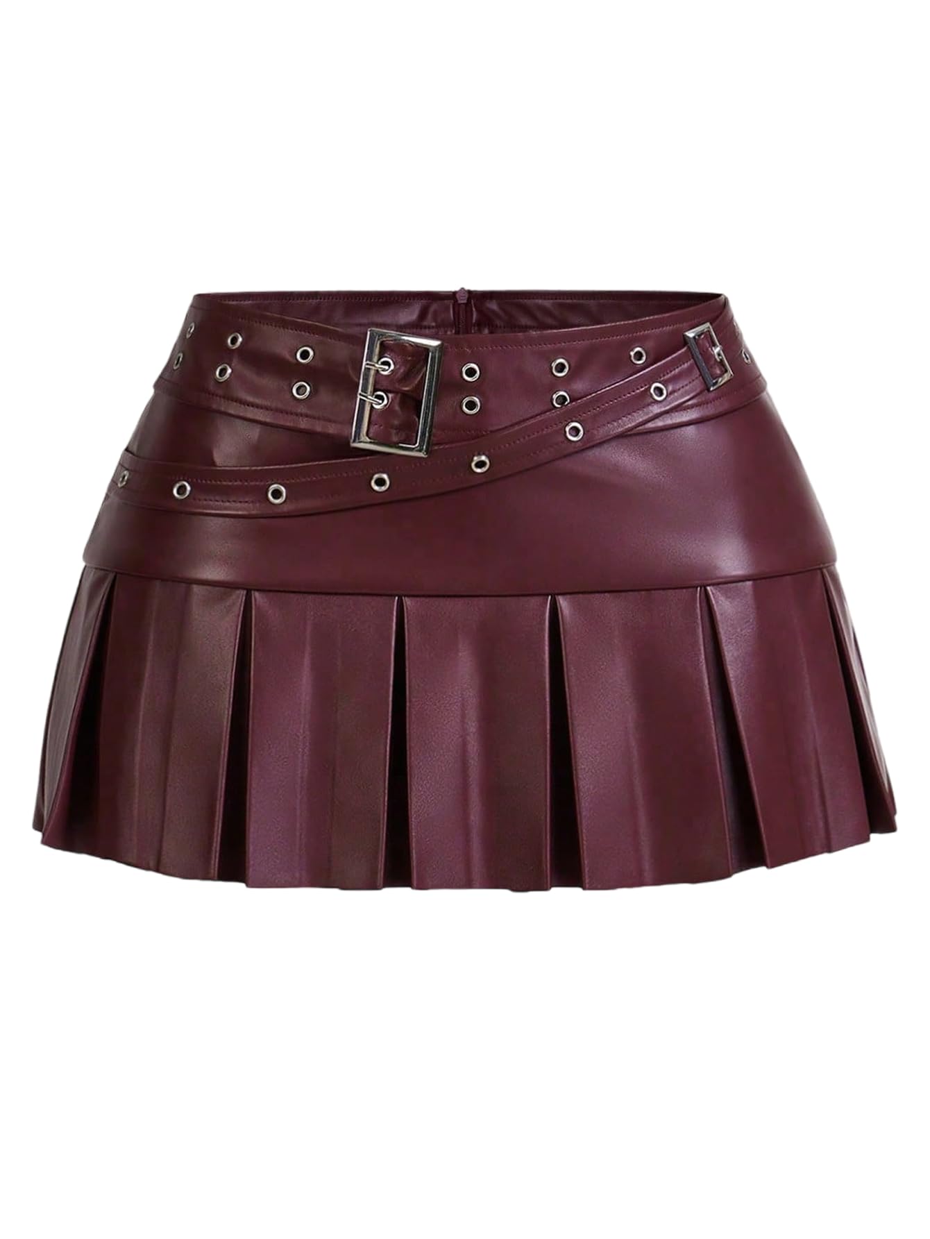 WDIRARA Womens PU Leather Buckle Belted Low Rise Skirt Y2k Pleated Mini Skirt