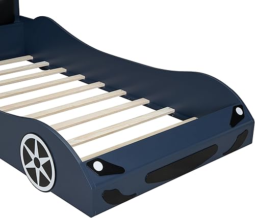 Miniatura 35 de Cama de plataforma clásica en forma de automóvil con ruedas, cama de automóvil de tamaño matrimonial con soporte de listones de madera, marco de