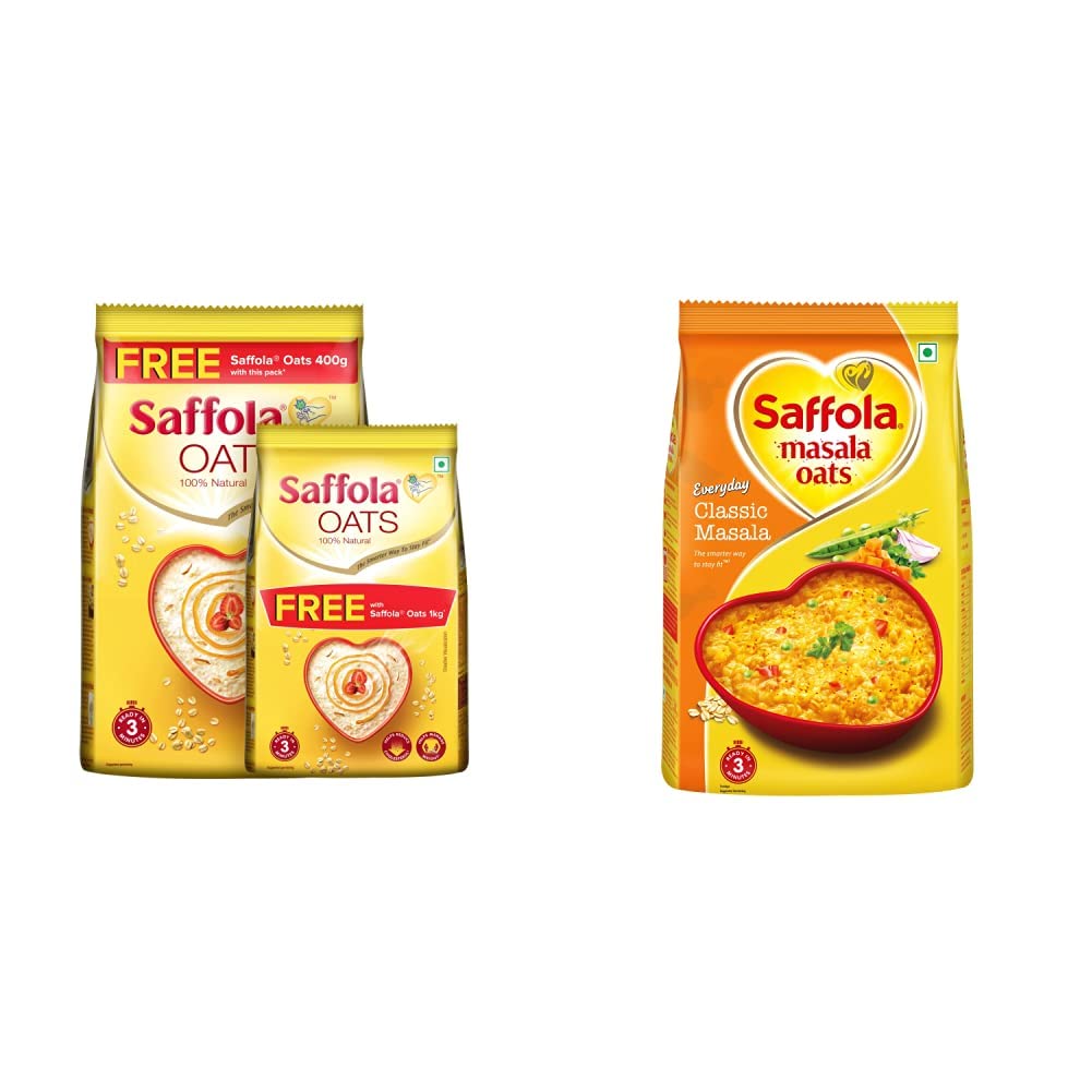 Saffola Oats, Rolled Oats, Delicious Creamy Oats, 100% Natural, High Protein & Fibre, Healthy Cereal, 1Kg with 400g Free & Saffola Masala Oats, Tasty Evening Snack, Classic Masala, 500g