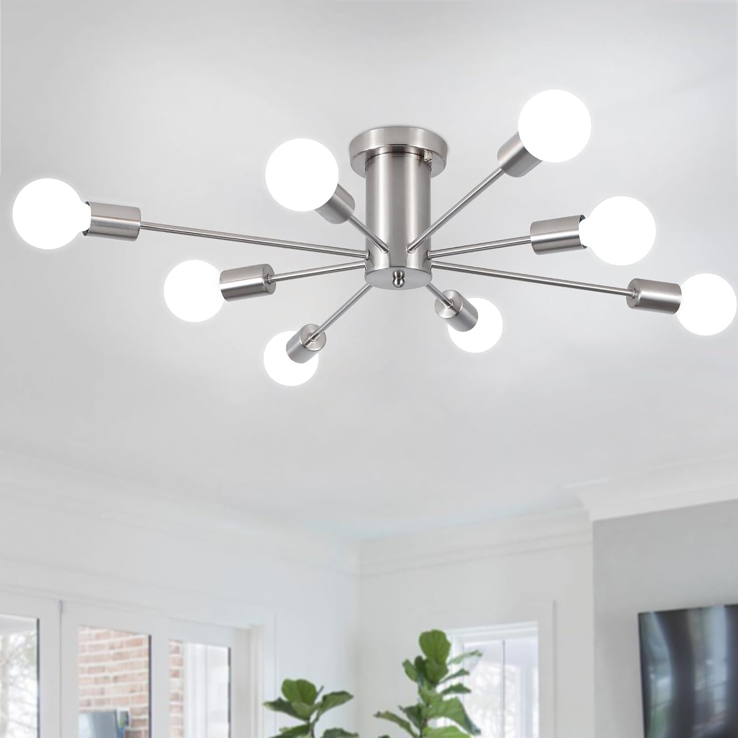 Nickel 8-Light Geometric Sputnik Semi Flush Mount Chandelier