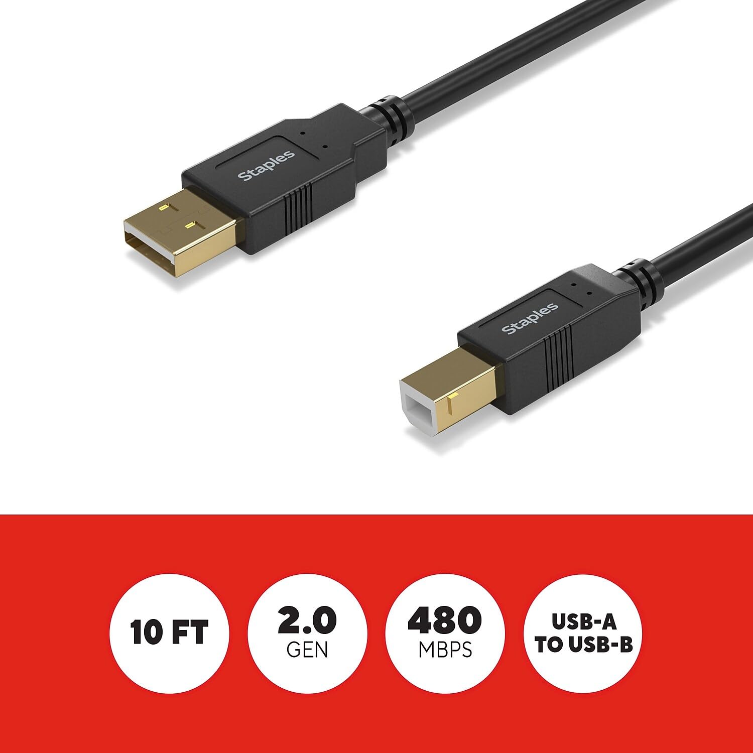 Staples TECH Kabel USB-A na USB-B 2.0, męski na męski, czarny (ST62443)