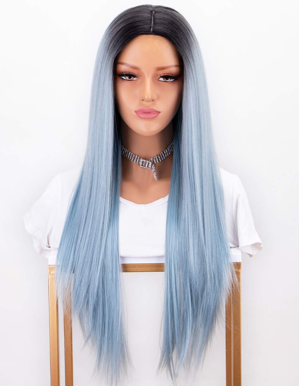 Chantiche Ombre Blue Synthetic Wigs Heat Resistant Long Natural Straight Wig 2 Tone for Women Cosplay Dark roots 22Inch
