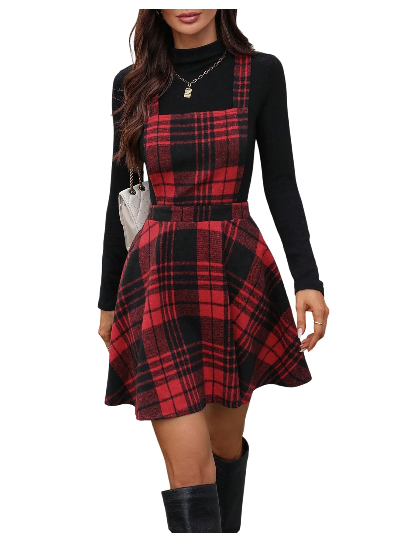 Photo 1 of OYOANGLE Women's Sleeveless Plaid Suspender Dress Criss Cross Back Ruffle Short Pinafore Dresses Red SMALL