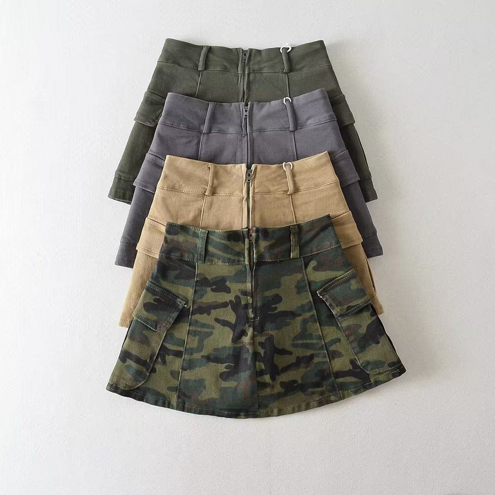 Rock Damen,Damen-Minirock Armeegrün Hüftumwickelter Cargorock Mode Reißverschlusstasche Schlanker A-Linie Gerüschter Rock Mit Hose Lässiger Kurzer Rock Für Mädchen Damen, Xs