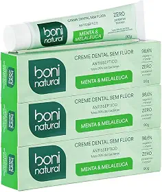 Creme Dental com óleos naturais de Menta e Melaleuca Vegano e Natural, Sem Flúor, Sem Triclosan, Boni Natural, 90g, 3 unidades Leve Mais Pague Menos