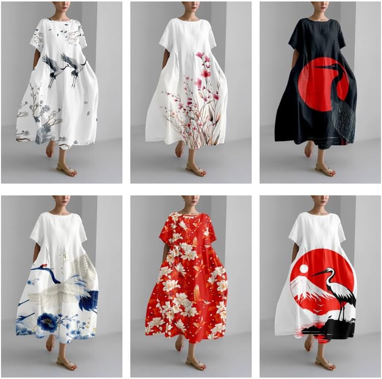 Women's Maxi Dress Casual Trendy Short Sleeve Crew Neck Japanese Art Plus Size T Shirts Dress - Image 2