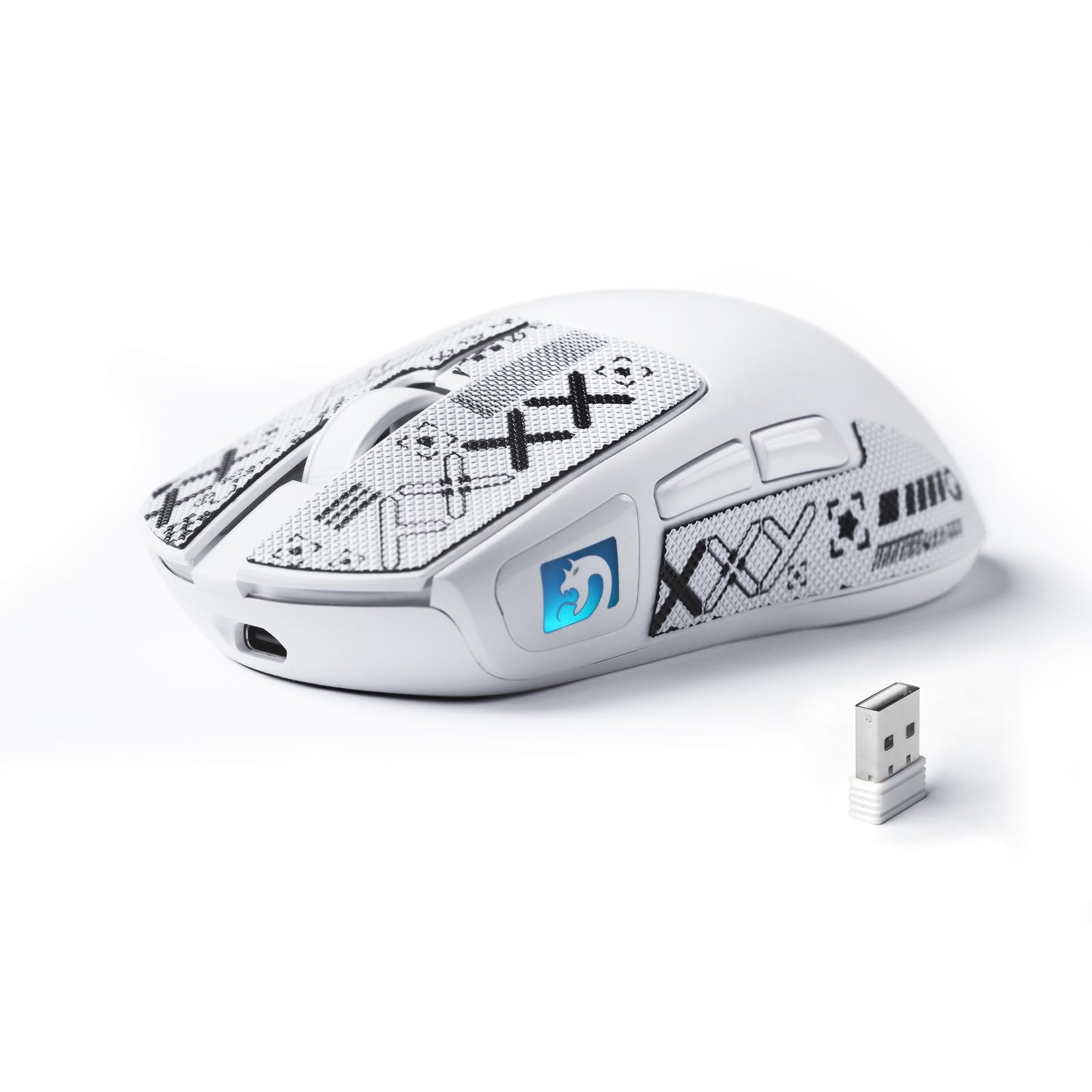 MAMBASNAKE M4 Ratón Gaming Inalámbrico Ultra-Ligero, 53g, Sensor PAW3311, 24000 dpi, Bluetooth/2.4G/Cable, Iluminación RGB, Batería 400mAh, 20M Clics, para Gaming/Trabajo - Blanco y Pegatinas