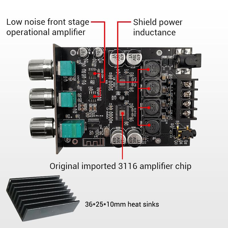 ZK-1002T 100W+100W Bluetooth Amplifier Board, 2.0 Channel Bluetooth 5.0 Subwoofer Audio AMP with Treble and Bass Control, DC12-24V, BT and AUX Inputs, TPA3116D2 Chip Stereo AMP Board for DIY Speakers
