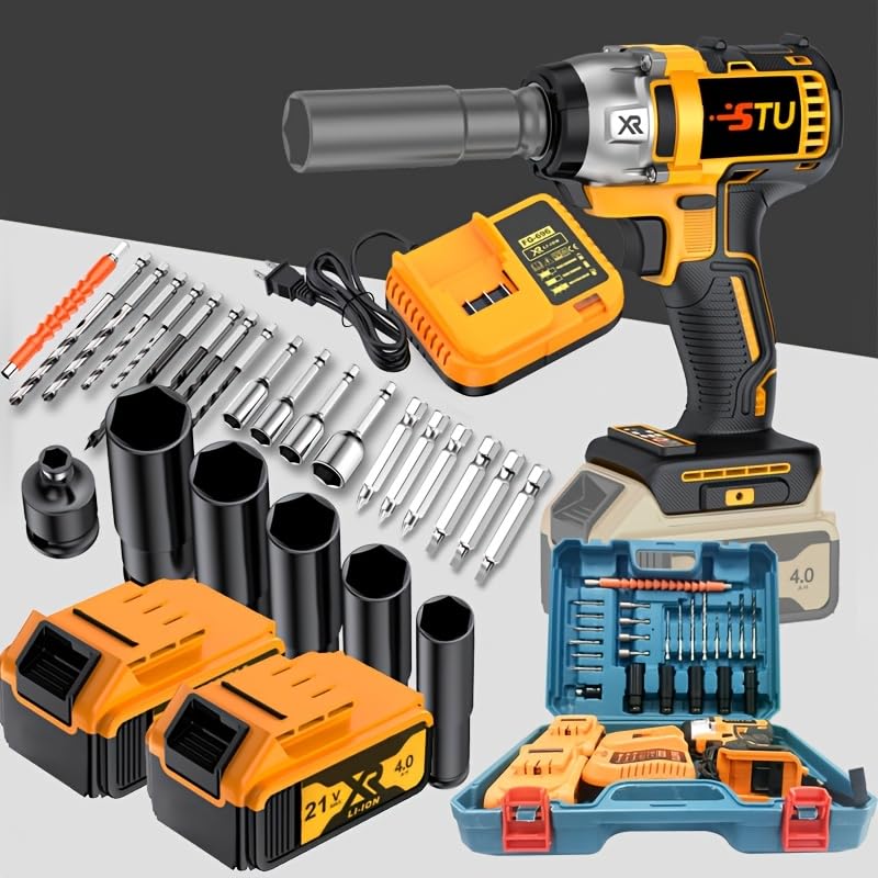 21V wireless impact wrench,Wireless drill/driver compatible with car (Upgraded battery * 2+plastic box)