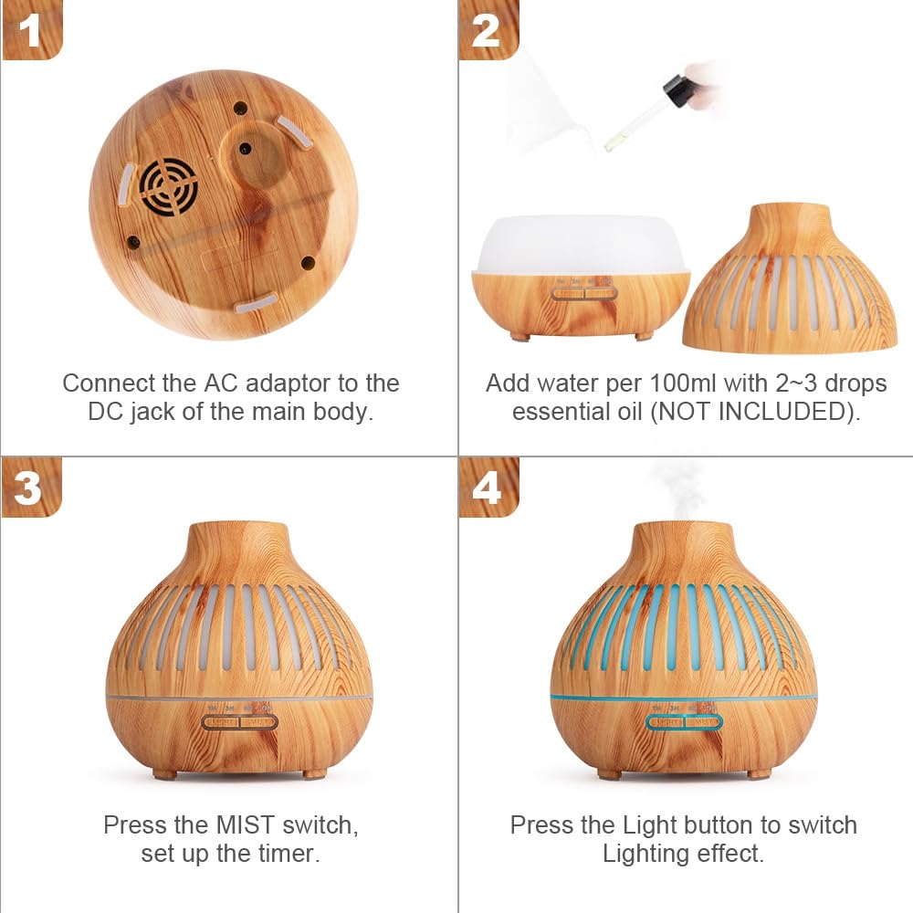 Essential Oil Diffuser, Aromatherapy Diffuser 500ml with Remote Control, 4 Timer & Auto-Off Safety Switch, 7 Color LED Lights Mode, 10 Hours Quiet Humidifier for Bedroom, Office & Home (G.Light Brown)