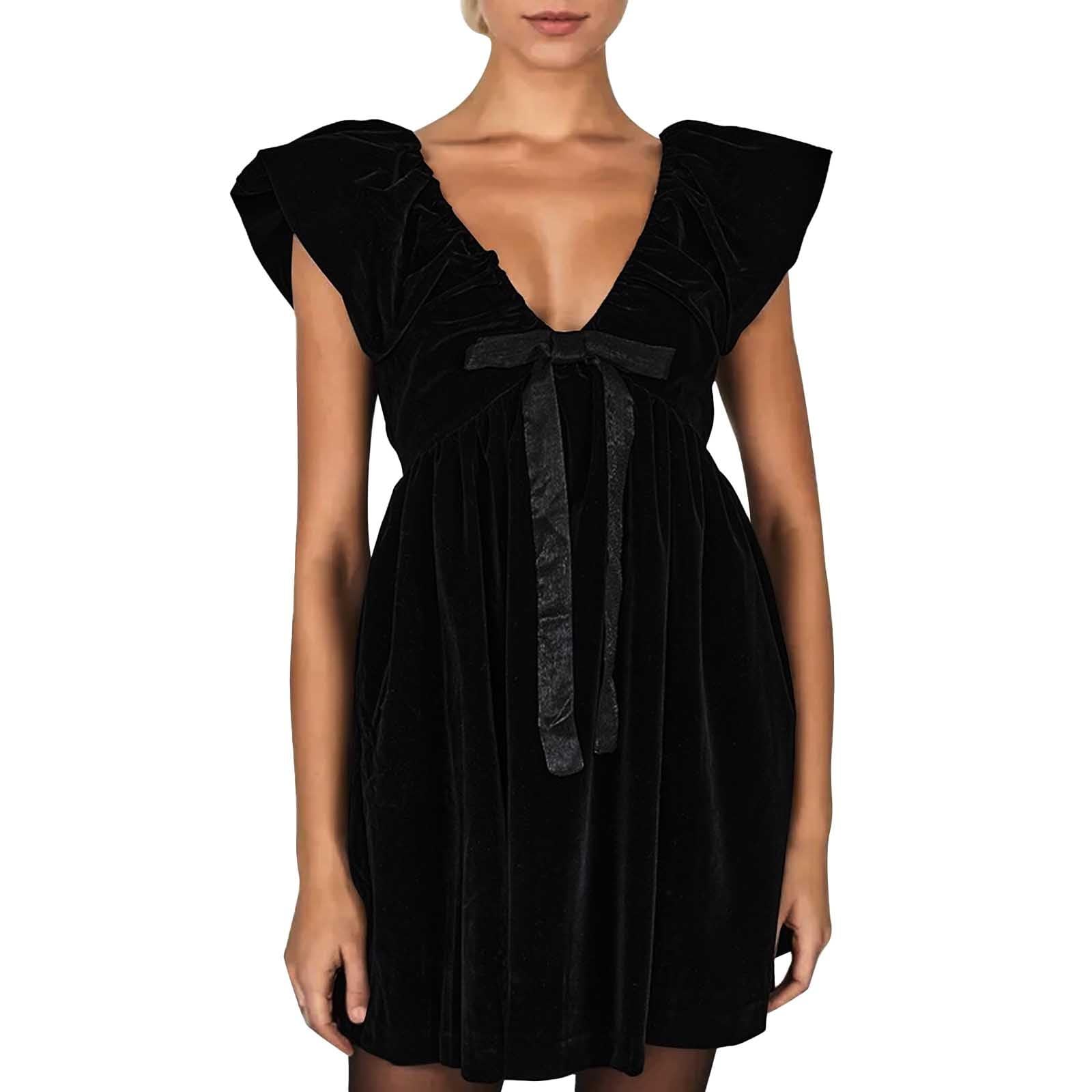 Robe en Velours satiné avec nœud pour Femme, col en V, Manches Bouffantes, Mini Robe Unie, Ligne A, Robe Courte plissée, soirée, Club Robe Noir Coupe Droite