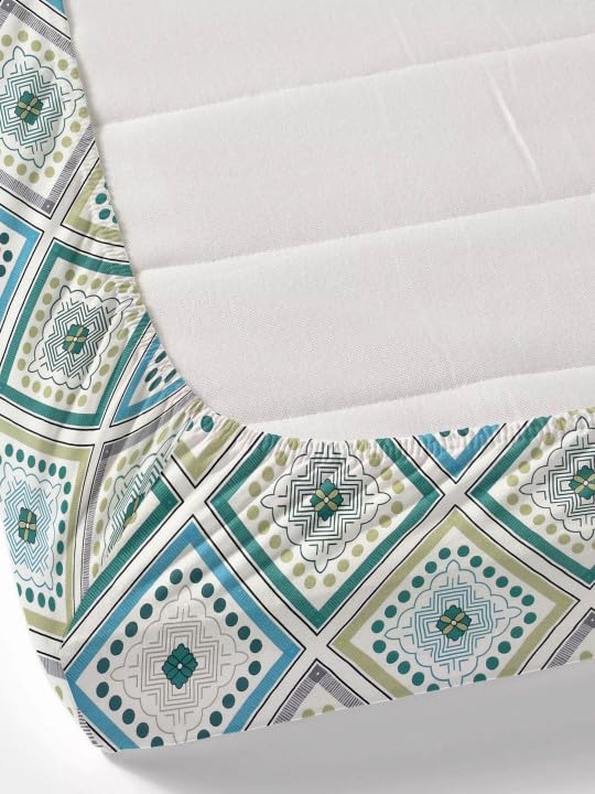 Image of 350 TC Premium Heavy Cotton Feel Elastic Fitted Bedsheet King Size with 2 Frill Pillow Covers King Size || Double Bed with All Around Elastic (White Geometric, Queen)