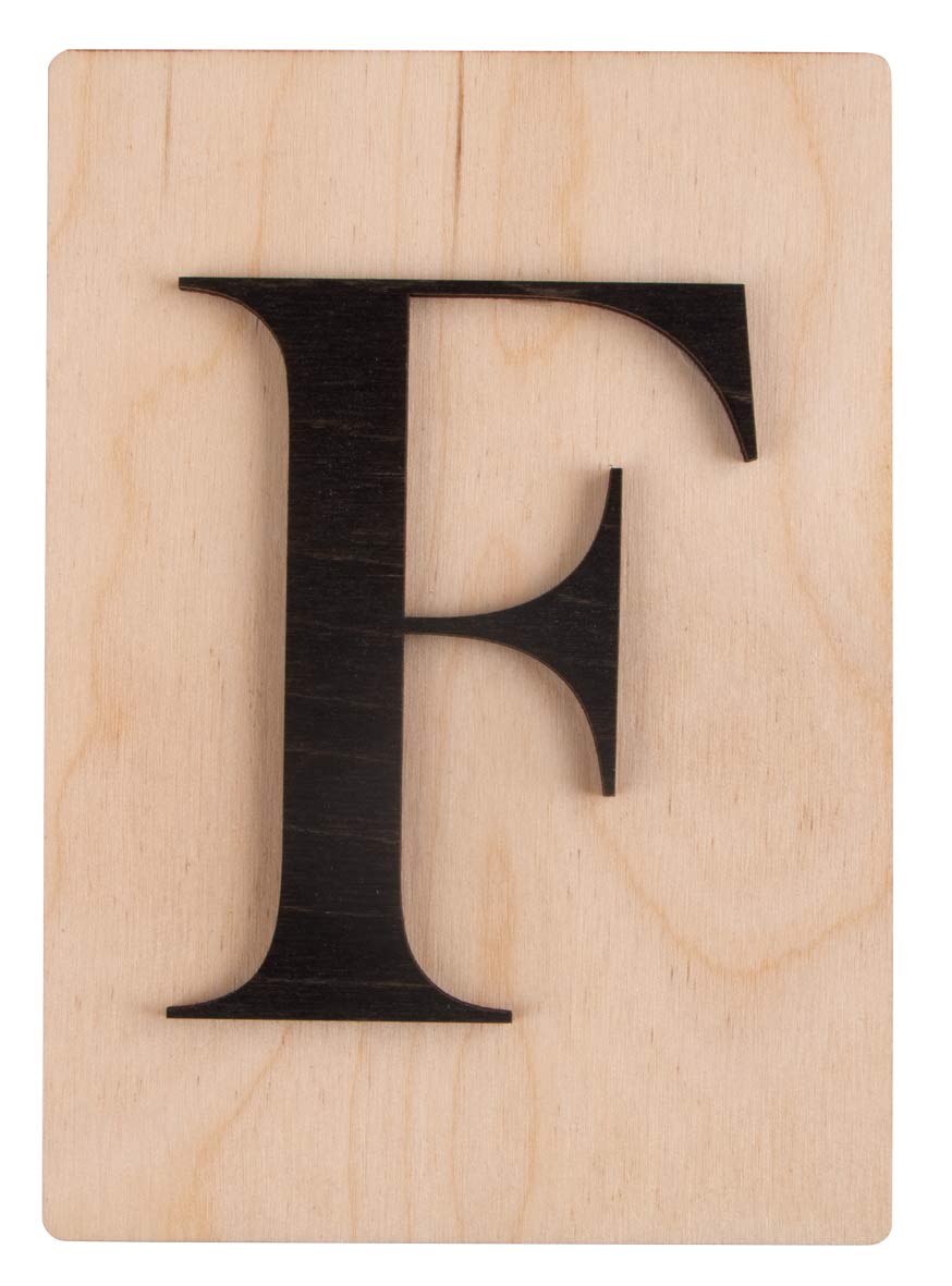 Rayher Houten letter F, FSC Mix Credit, houten tegel 10,5x14,8cm, 3D-letter F in zwart, 3mm dikke houten letter op 4mm dikke houten tegel, 63097576