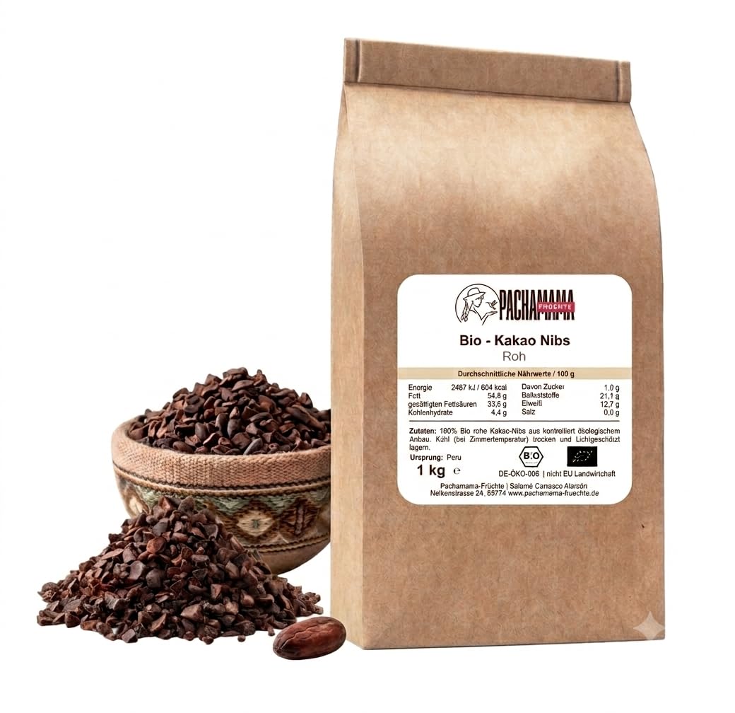 1 kg Bio Kakao Nibs aus Peru – ungeröstet & roh – 100% naturbelassen, ohne Zuckerzusatz – Kakao Stücke aus Kakaobohnen – vegan