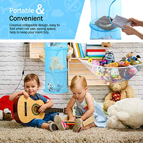 2 Pcs Hanging Mesh Storage Basket With 1 Stuffed Animals Toy Net Hammock, Hommtina Foldable Corner Organizer 3 Tier, Neatly Organize Kid’s Plush Toys And Save Space (Blue+Purple) #TOP2