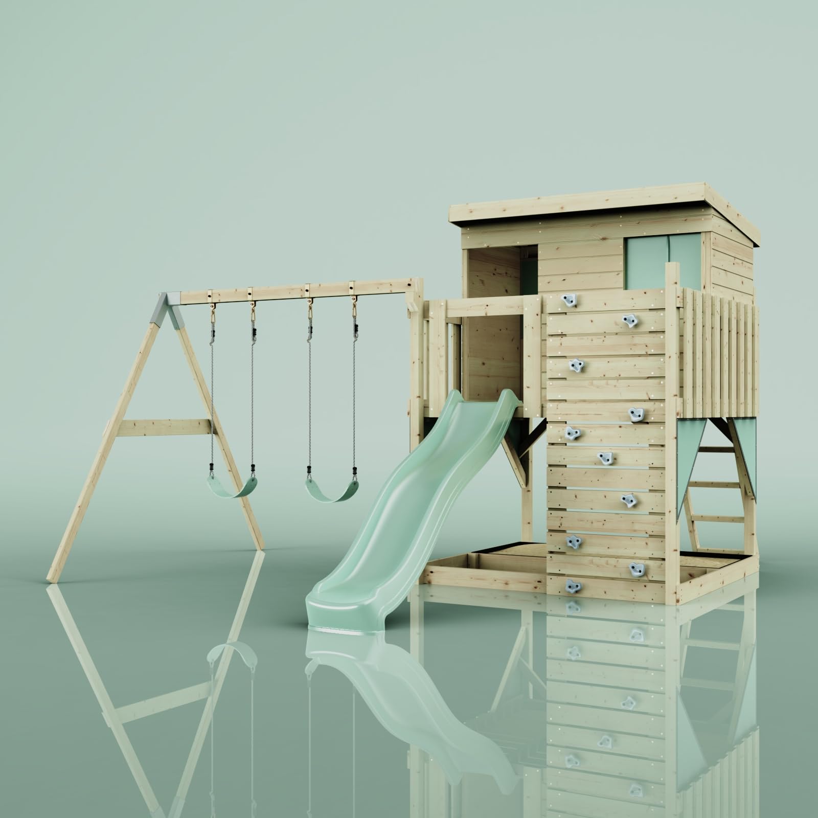 PolarPlay Spielturm Nils aus Holz, Grün – Kinderschaukel