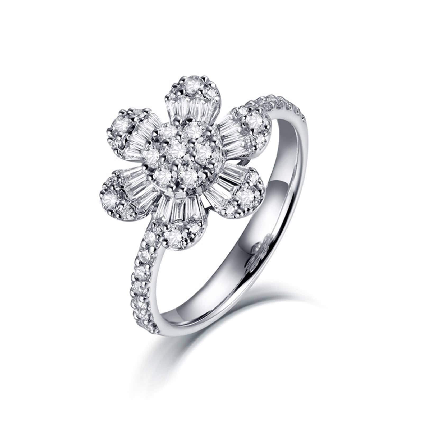 Pierścionki 14K Białe Złoto, Dziewczyna Pierścionek 0,65 ct Diament Kwiat Rocznica Ślubny Prezent Pierścień Rozmiar 6,75-20