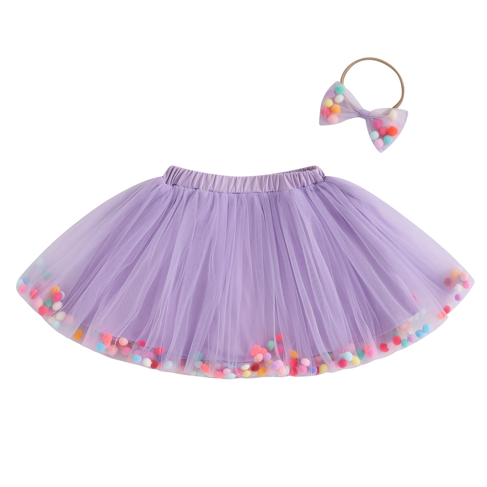 Toddler Girl Tutu Skirt Colorful Floating Pom Poms Tulle Skirts Headband Birthday Tutu Outfit Princess Ballet Dress