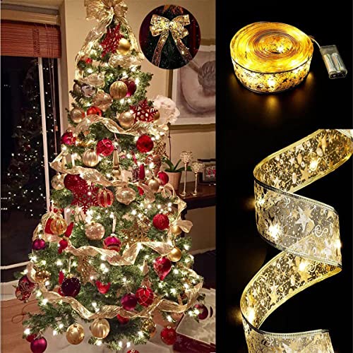 ZAYMDO Christmas Ribbon with Lights, 4m/13ft Indoor Outdoor Golden Double Sided Woven Print Xmas Ribbon for Christmas Tree Wedding Birthday Party Decoration (Gold)