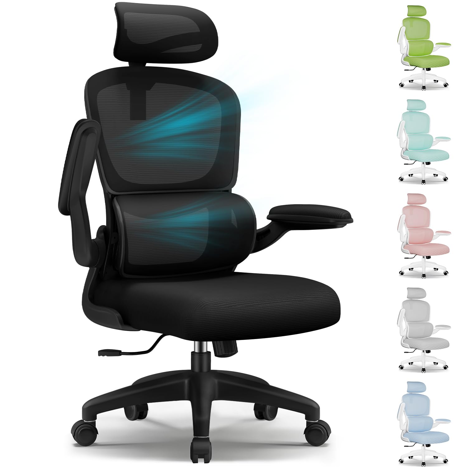 Aiidoits Bürostuhl, Bürostuhl Ergonomisch, mit Segmentierter Rückenlehne, Adaptiver Lendenstütze und 90° Klappbaren Armlehnen, Schreibtischsessel 150kg, Neigbar bis 135°, mit Gummirollen.