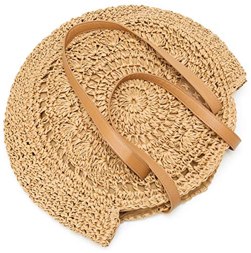 Straw Bag Round Summer Straw Large Woven Beach Bag Purse For Women Vocation Tote Handbags With Pom Poms - Image 5