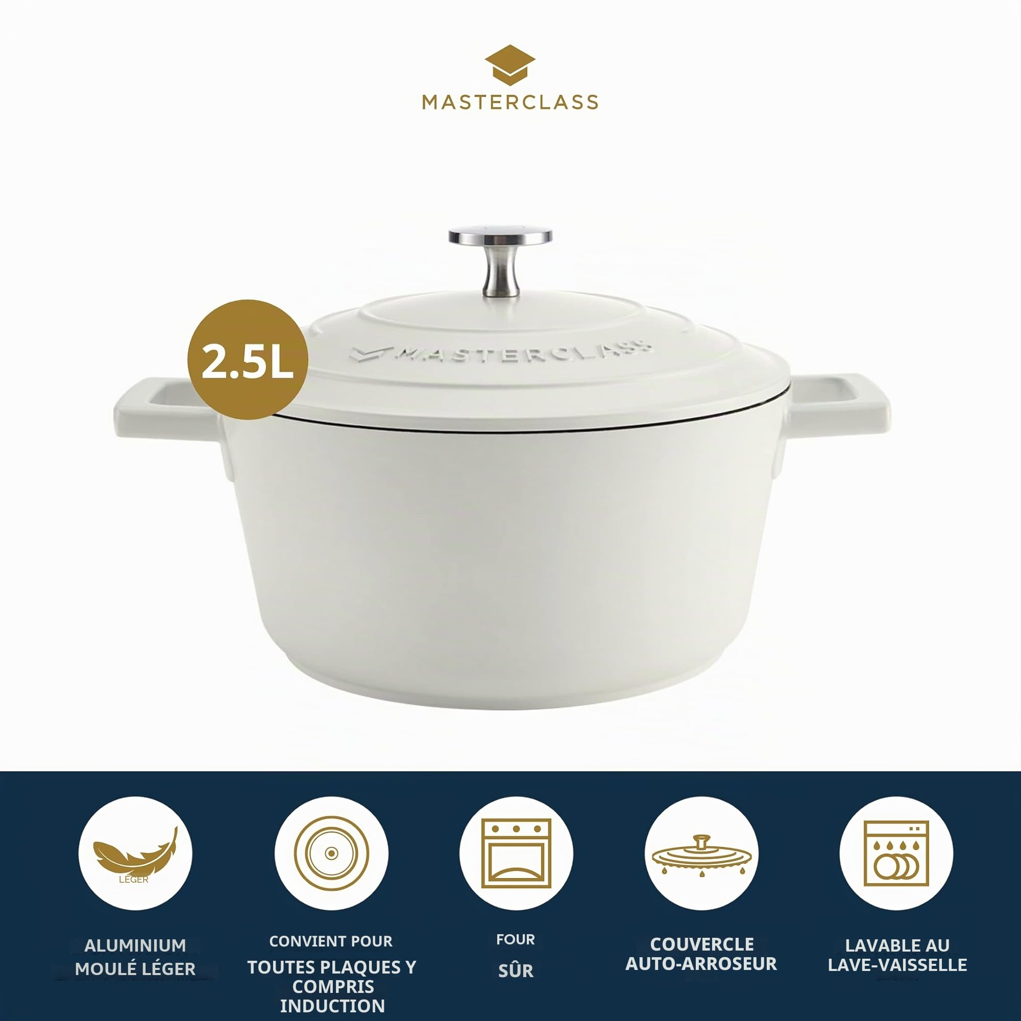 MasterClass Petite cocotte avec couvercle 2,5L/20 cm, en fonte d'aluminium légère, adaptée à la plaque à induction et au four, crème