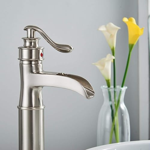 Miniatura 5 de Grifo de baño para lavabo, de níquel cepillado, tipo cascada, comercial, boquilla ancha, manija única, orificio único, con tapón de drenaje