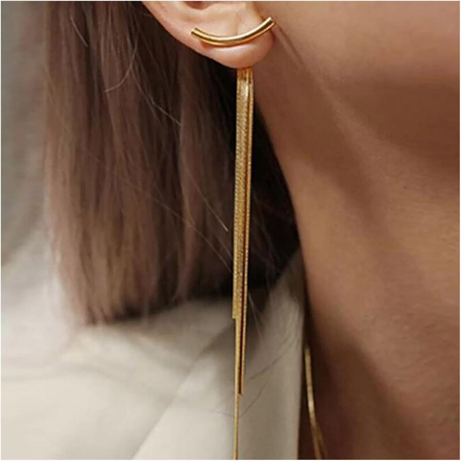 Andelaisi Snake Chain Tassel Earrings Gold Snake Chain Dangle Drop Earrings Curved Bar Tassel Chain Earrings Long Tassel Chain Dangle Earrings Jewelry for Wedding Party - Image 2