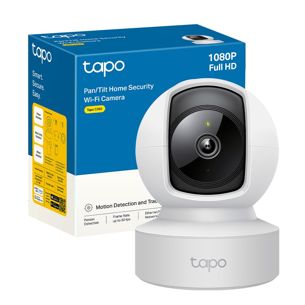 Tapo C202 Telecamera Wi-Fi Interno, Porta Ethernet, Videocamera Sorveglianza FHD, Visione Notturna, MicroSD fino a 512GB, Audio Bidirezionale, 360° Visuale, Alexa, Google, Allarme acustico e luminoso