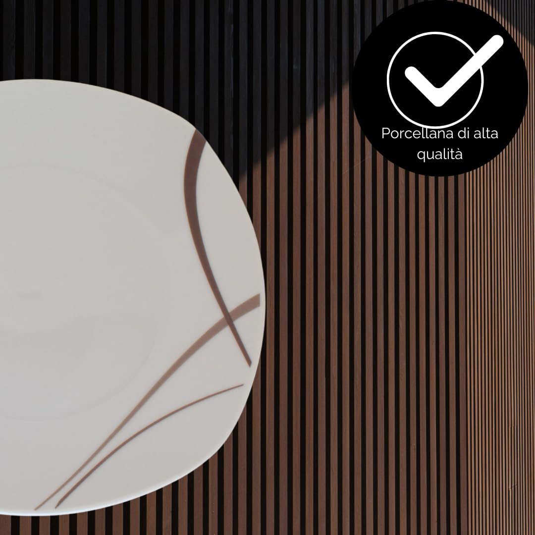 Servizio Piatti Con Tazzine da Caffè 30 Pezzi per 6 Persone Strips Tortora Design Moderno in Porcellana Resistente, Lavabili in Lavastoviglie e Utilizzabili in Microonde