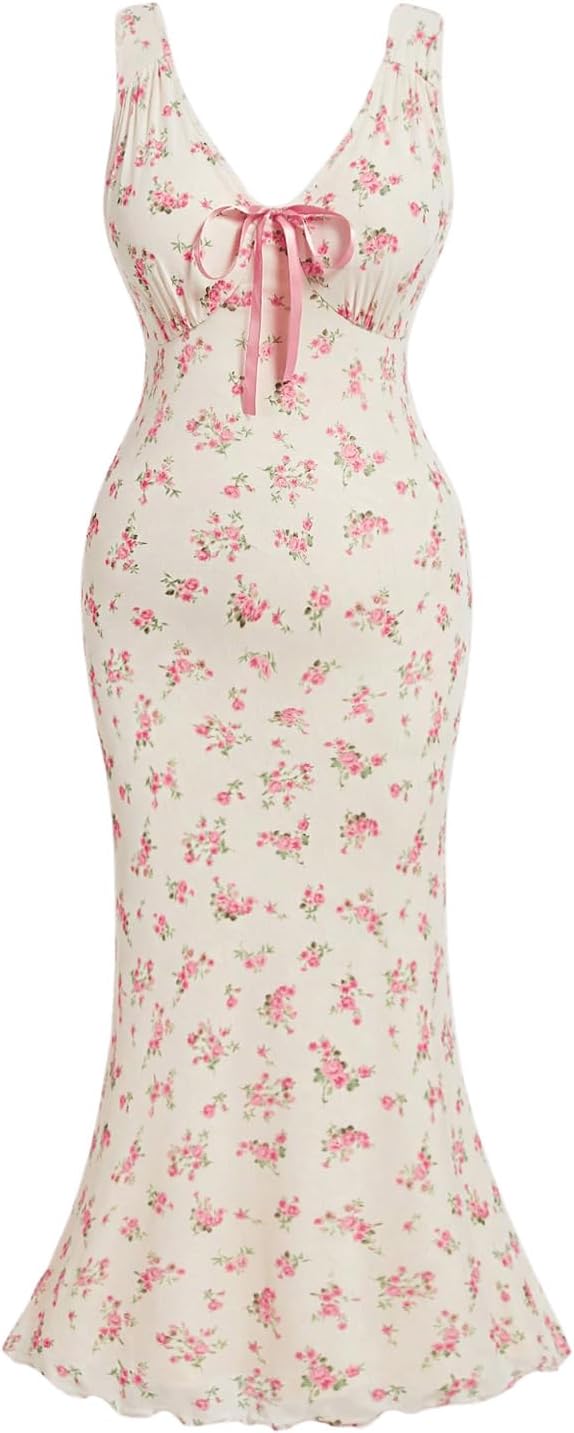 Verdusa Women's Plus Size Floral Mesh Bodycon Fishtail Wedding Guest Dress Deep V Neck Sleeveless Dress