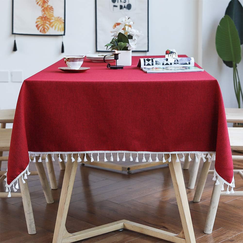 Smiry Embroidery Tassel Tablecloth - Cotton Linen Dust-Proof Table Cover for Kitchen Dining Room Party Home Tabletop Decoration (Rectangle/Oblong, 55 x 86 Inch, Burgundy)