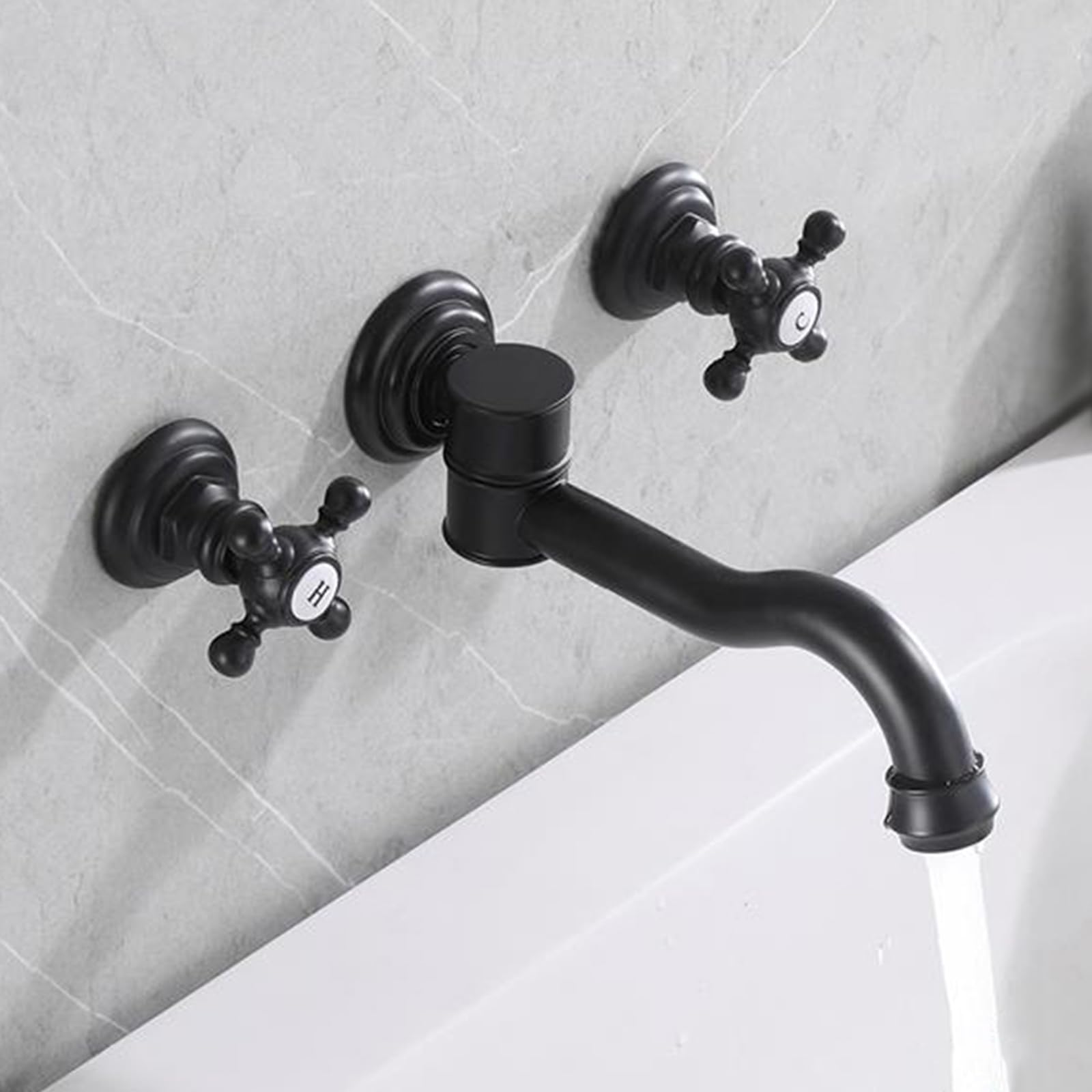 Robinet mural mitigeur lavabo noir rétro chic à 3 trous pour vasque encastrée