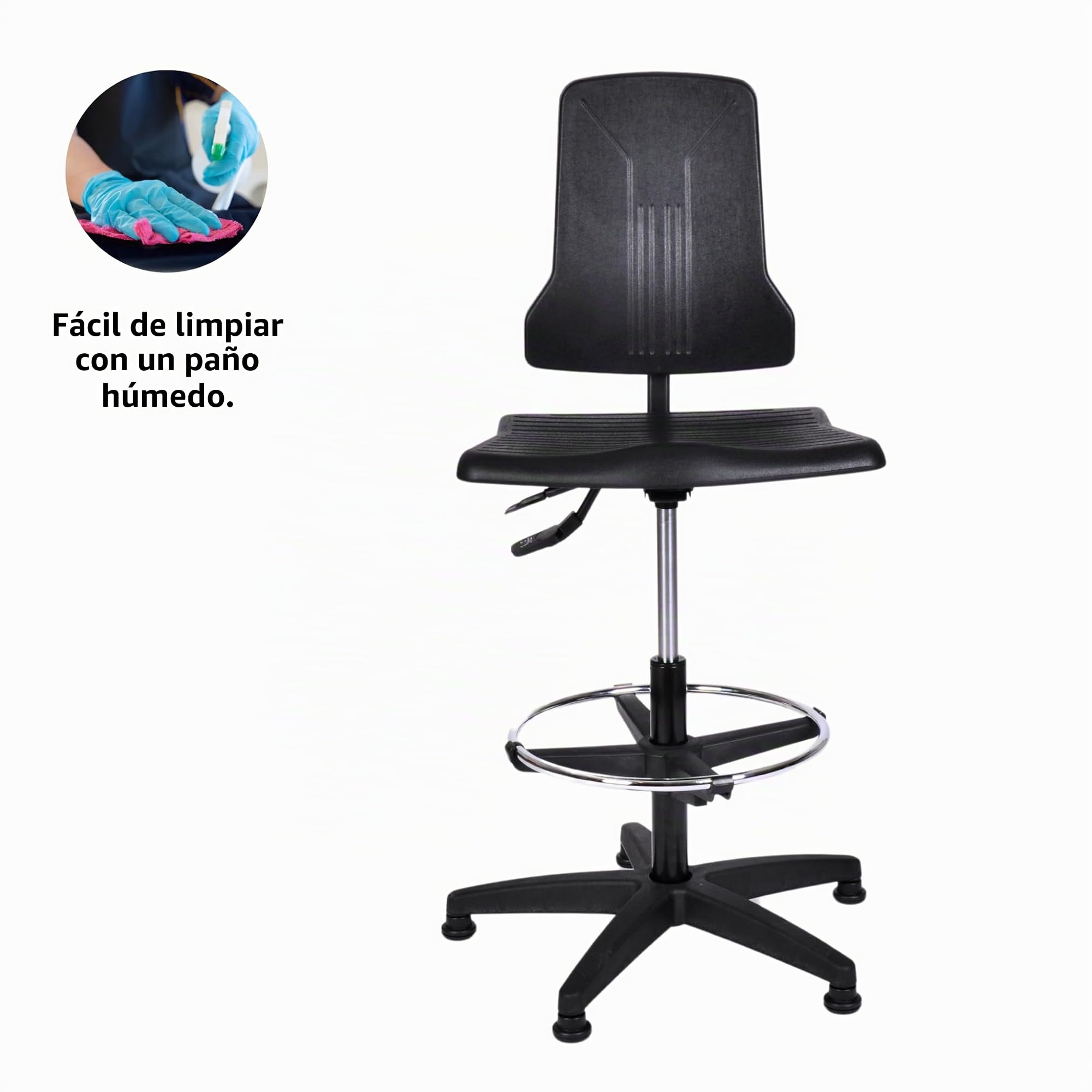 topsit Silla de trabajo de poliuretano IND000120, silla de trabajo ergonómica para laboratorio, mecanismo síncrono, altura regulable y fácil de limpiar, base estable con anillo de metal y pies.