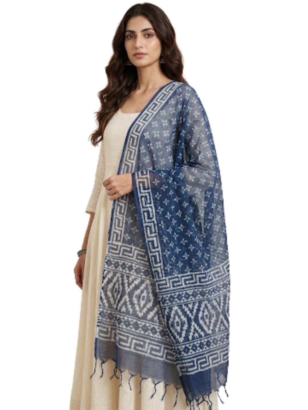dupatta bazaar Women's Block Printed Kota Doria Dupatta | Mughal Floral Hand Block Print Fringed Tassel Border | Cotton Blend Ethnic Dupatta for Festive and Casual Wear (2.4 Meter, Indigo White)-picture-36