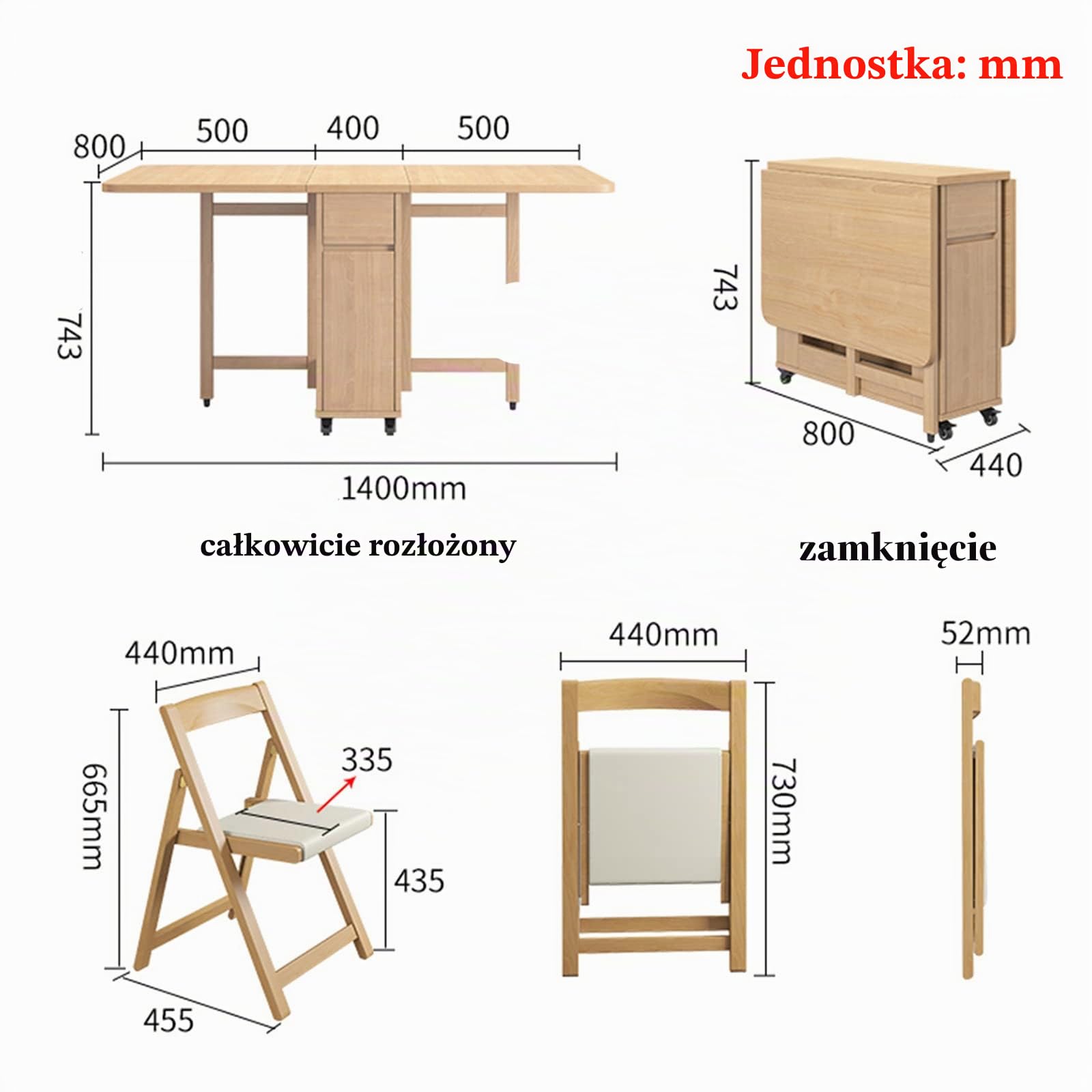 Rozkładany zestaw stołów jadalnych, drewniany składany stół jadalny z 4 krzesłami, wzór z opadającymi liśćmi do kuchni, jadalni, salonu, restauracji