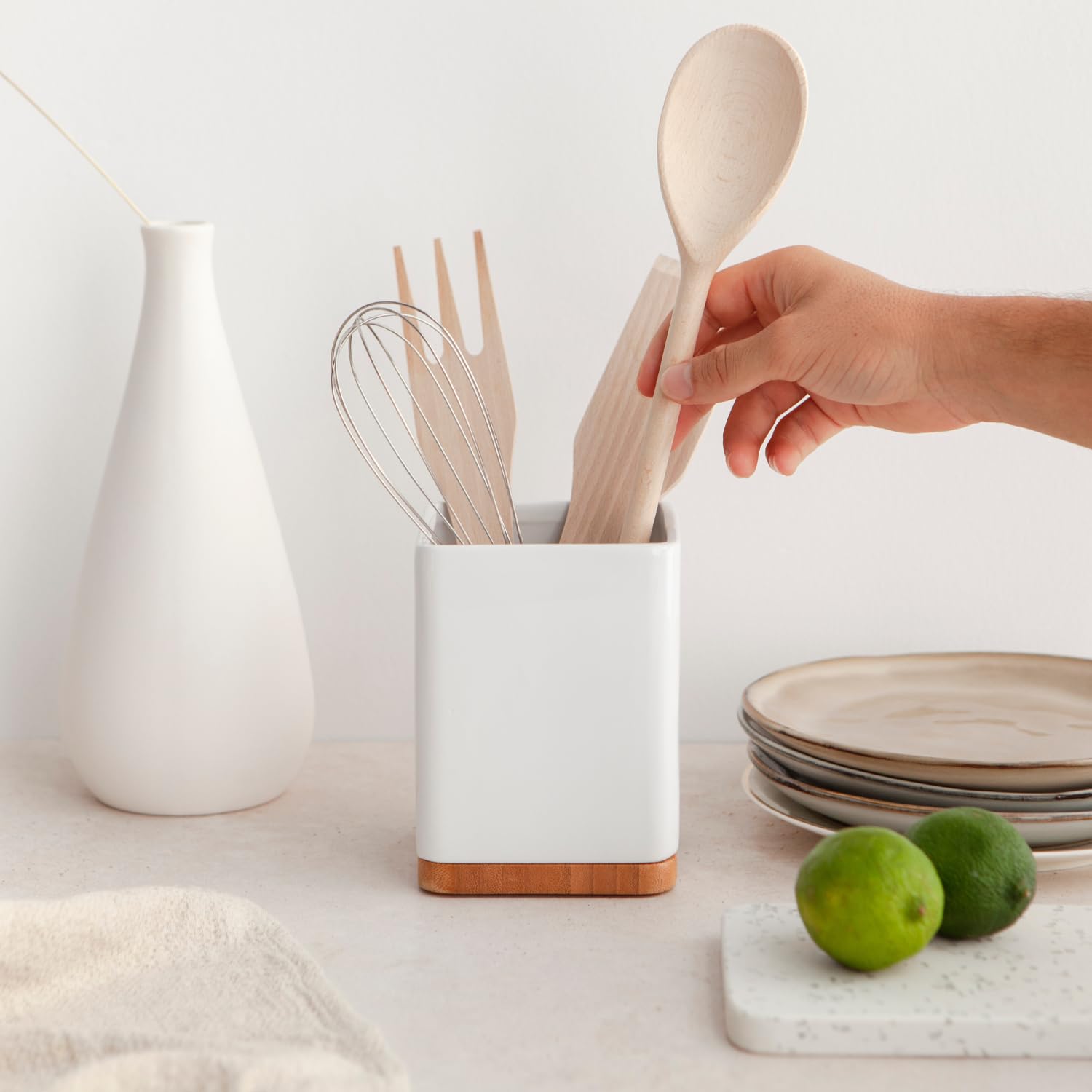 Portaoggetti per posate in ceramica, portautensili per posate per piano di lavoro della cucina con manico per un facile trasporto, bianco