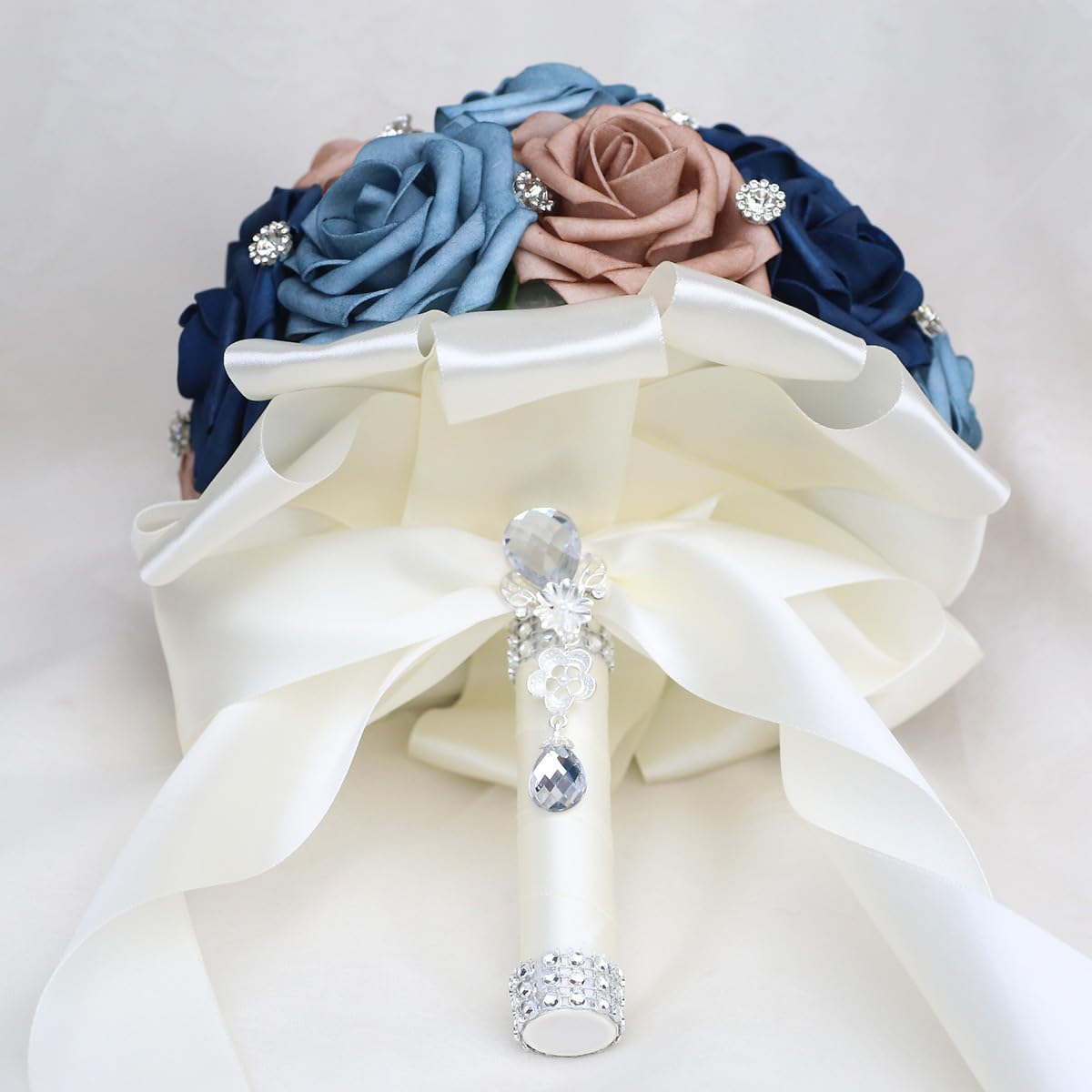 Handmade Artificial PE Rose Wedding Bouquet with Rhinestones Soft Ribbons Suit for Brides Bridesmaids Bridal Showers Toss Brown Dusty Navy Blue