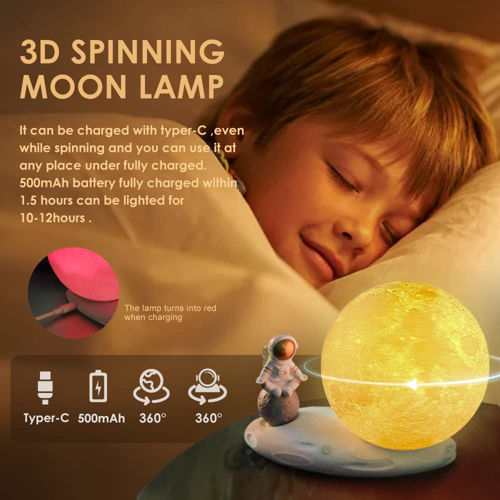 Lámpara de luna giratoria, luz de estado de ánimo impresa en 3D con astronauta giratoria para niños, luz nocturna LED de 5 pulgadas, 16 colores con control remoto y control de temporizador, 2