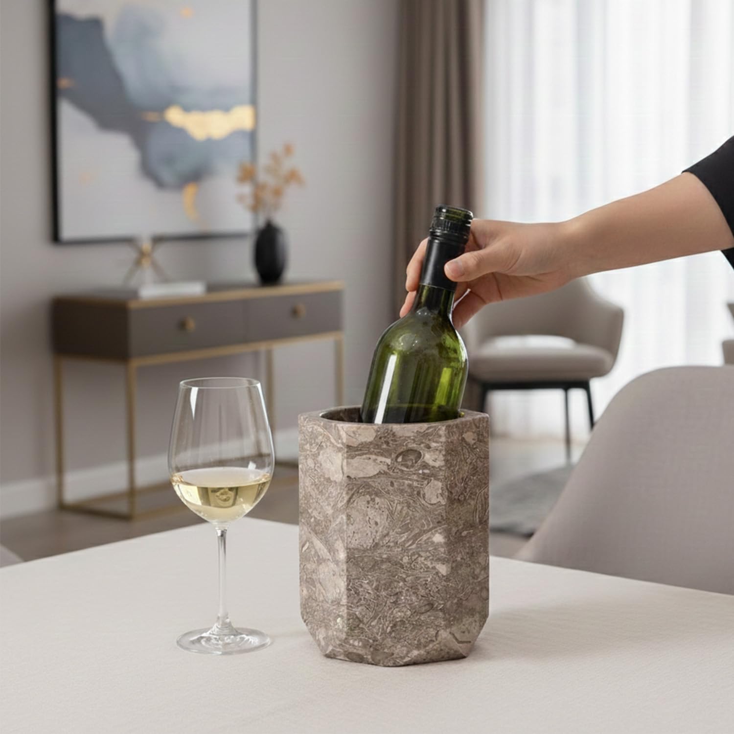 Oceanic - Cubo enfriador de vino de mármol de 6.5 pulgadas, hecho a mano, 750 ml, enfriador de botellas de vino y enfriador de champán para fiestas, cocina, carrito de bar, decoración para enfriar y