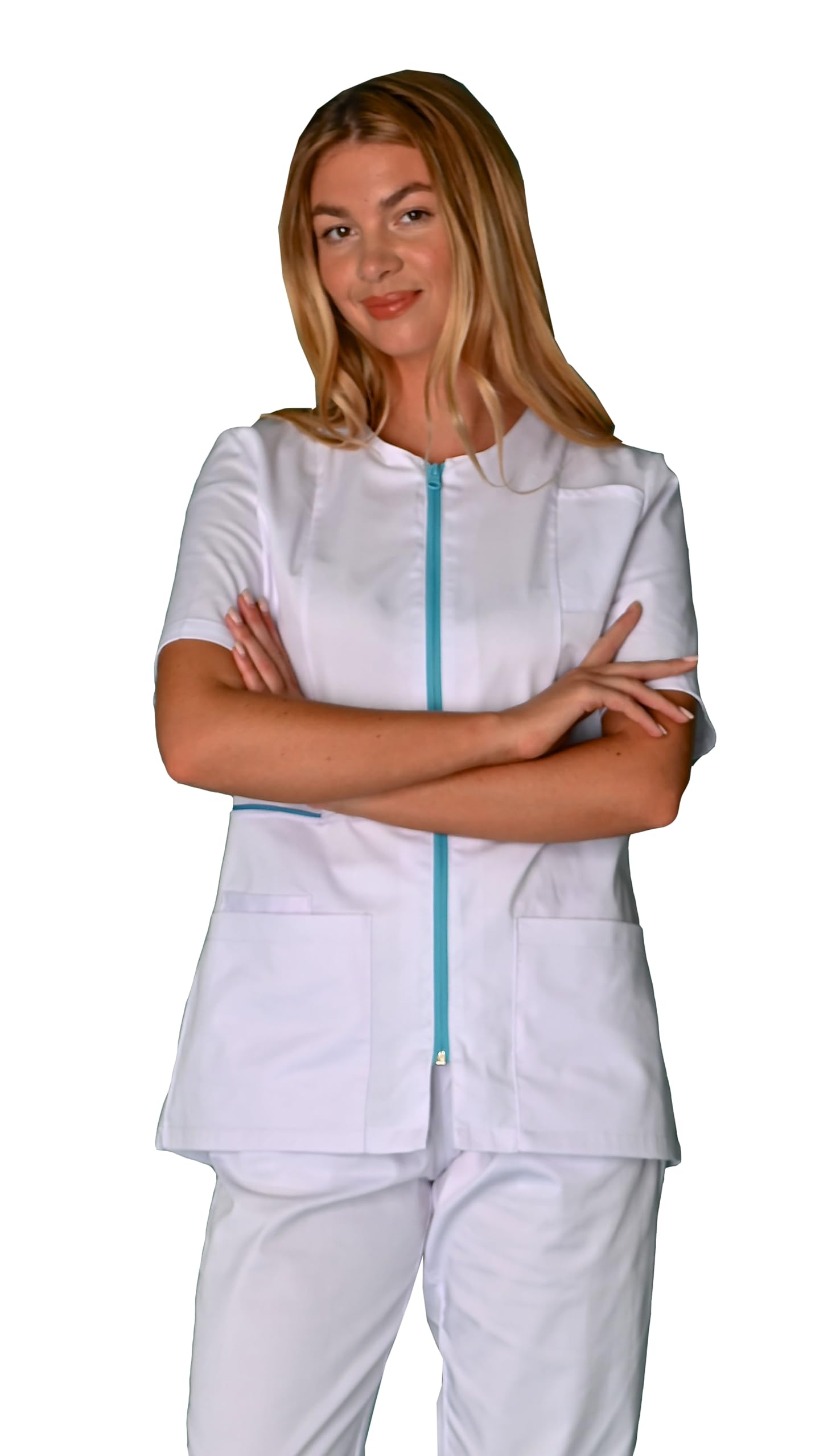 SNV Túnica Médica Blanca Premium Manga Corta Cremallera Blusa Profesional para Esteticista Malla 55% Algodón