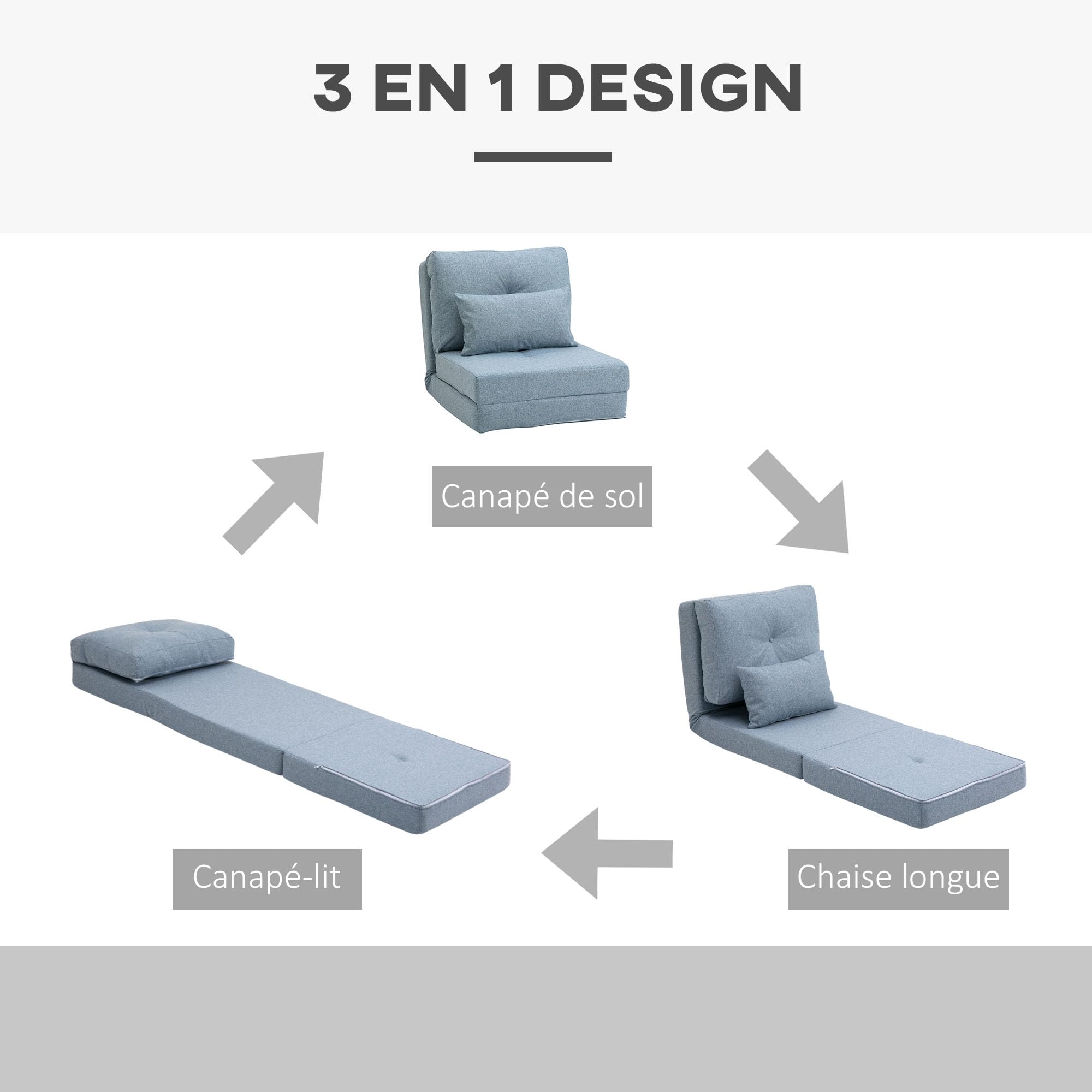 HOMCOM Fauteuil Convertible 1 Place Fauteuil Paresseux lit chauffeuse 1 Place - Coussin Inclus, Dossier réglable - Salon, Charge 120 kg, Tissu Lin Bleu