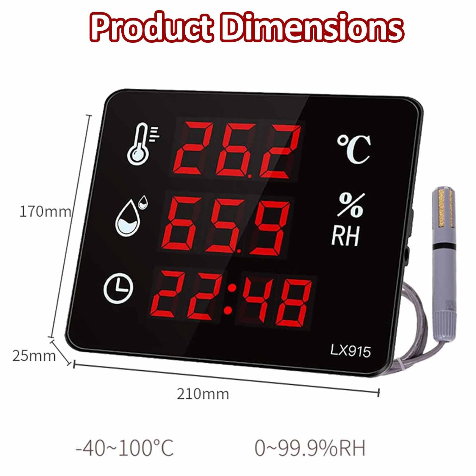 Termómetro Higrómetro Digital Industrial, Monitor De Temperatura Y Humedad, Rango De -40 a 80 °C Y De 0 a 99% HR, con Sonda Externa, Alarma De Límite Superior E Inferior