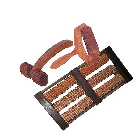 AtoZ Crafts Wooden Roller Cutter Hand/Leg Massager Body Stress Massager Fitness (7x6 In) , Wooden Foot massager 6 Rod (12x6x2 In) , Pain Relief Neck Massager (6x3 In) -3 in 1 massager