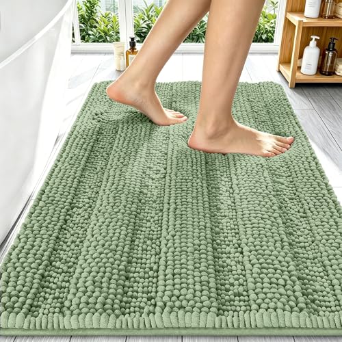 Image of Smiry Thick Chenille Bathroom Rugs 34x21, Extra Soft Absorbent Striped Bath Mat, Machine Washable, Rubber Backing, Bath Rugs for Bathroom, Tub & Shower, Home Decor Accessories, Sage Green