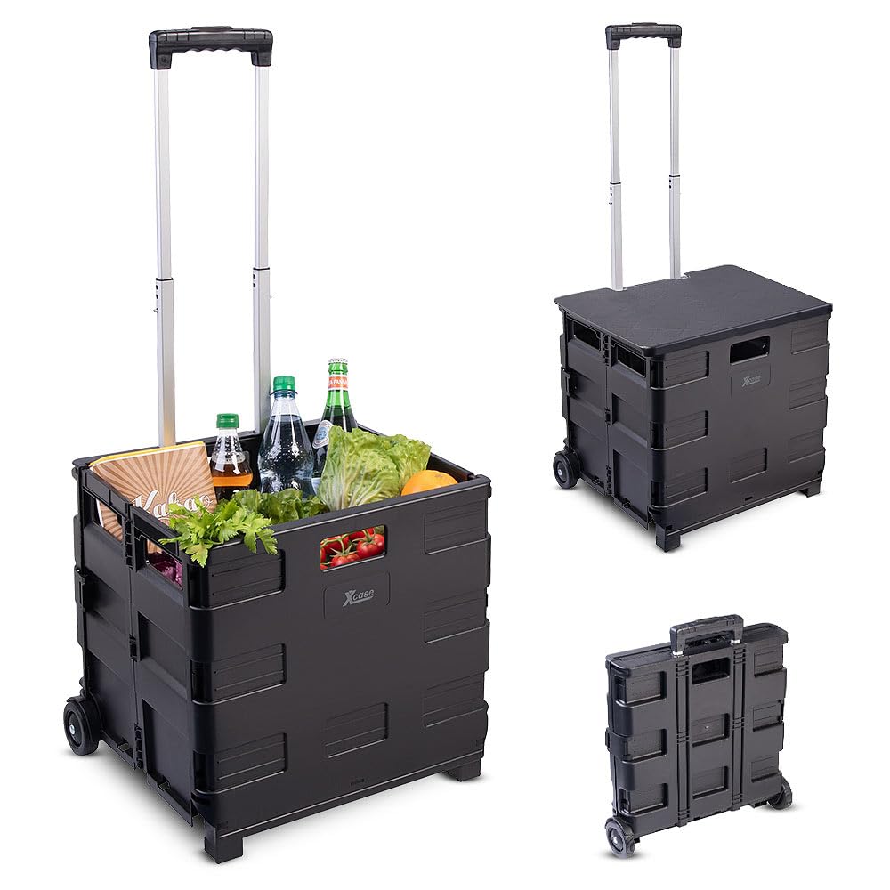 Xcase Einkaufstrolley: 2er-Set klappbare Einkaufstrolleys, Teleskop-Griff, Deckel, 2 Rollen (Rollerwagen, Transporttrolley, Roller)