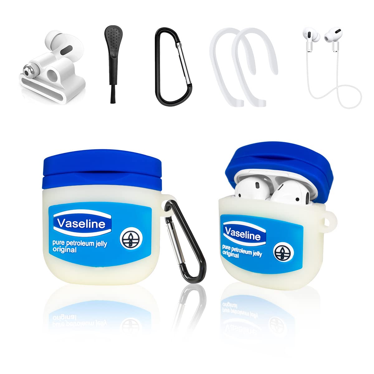 6in1 Cool Airpod 2/1 Case for Airpods, 3D Cute Kawaii Vaselin Character Design Fashion Funny Silicone Shockproof Skin Protective Cover with Keychain Accessories for Kids Boys Girls Woman Teens