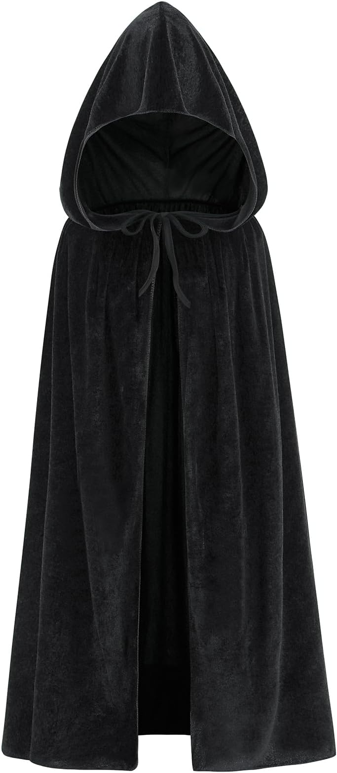 Velvet Hooded Cape for Kids, Unisex Cloak with Hood for Halloween Christmas Boy&Girls Fancy Dress Costume (80cm, Black)