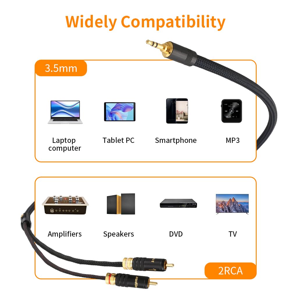 2 cavi audio RCA audiofili da 3,5 mm con alloggiamento in metallo e spina RCA placcata in oro 24 k a cavo Hi-Fi da 3,5 mm per MP3, tablet, altoparlanti, HDTV, ecc