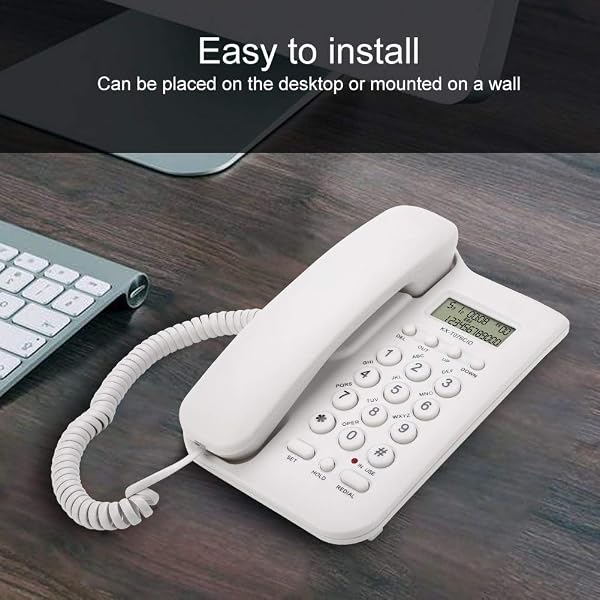 Ticfox Teléfono con cable, cable con cable, teléfono fijo de escritorio, teléfono de pared con pantalla de llamadas, cable elástico para el hogar, oficina y hotel, (blanco) - 4